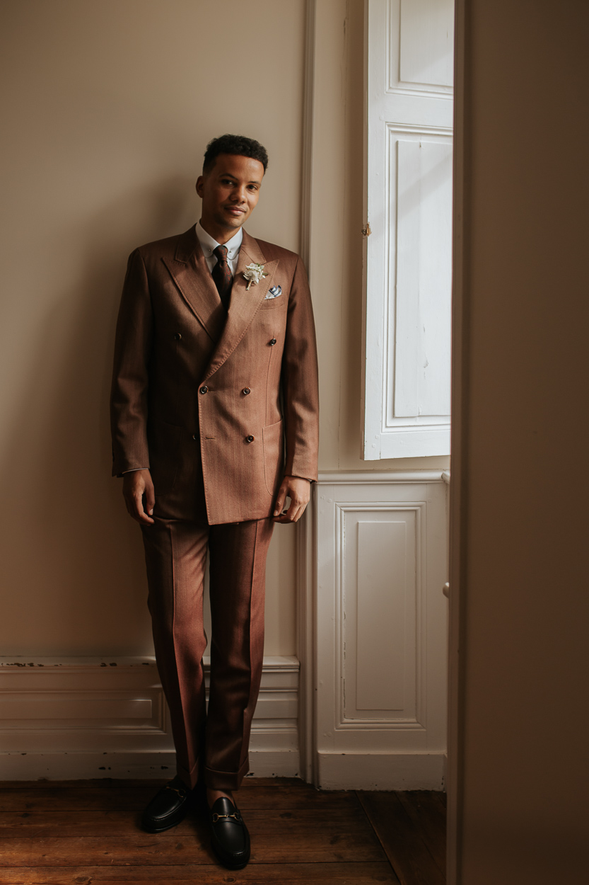 marié costume croisé brun manoir kerouzien